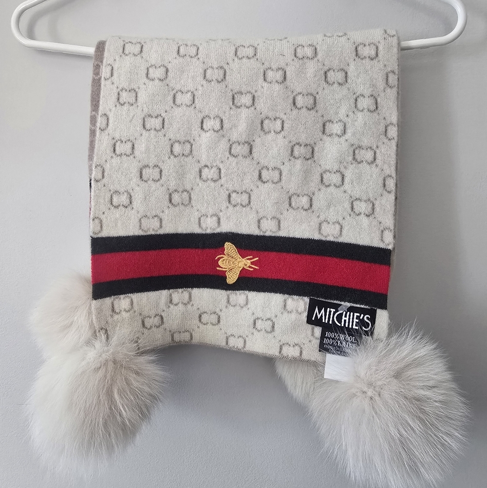 Mitchies Wool Scarf Cream Embroidered Bee Pom Poms Reversible VGUC! SF/ PF